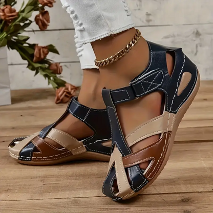 Airfleek Ankle Strap Colorblock Closed Toe Wedge Sandals