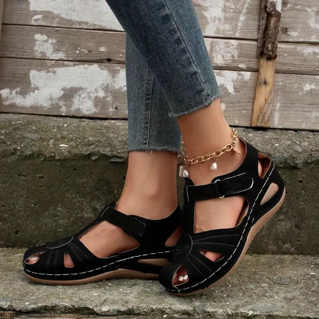 Airfleek Embroidered Floral Closed Toe Sandals For Summer Walking