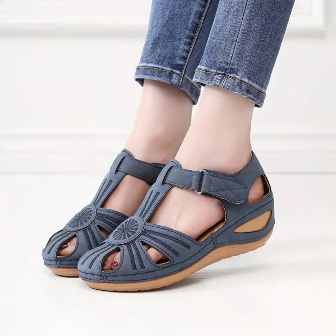 Airfleek Flower Blooming Wide Size Closed Toe Wedge Sandals