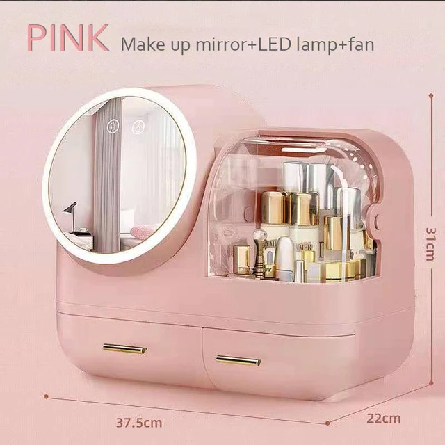 LED-Lighted and Fan Mirror Makeup Storage Organizer Box