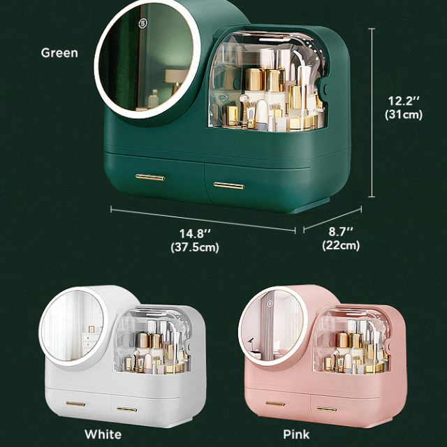 LED-Lighted and Fan Mirror Makeup Storage Organizer Box