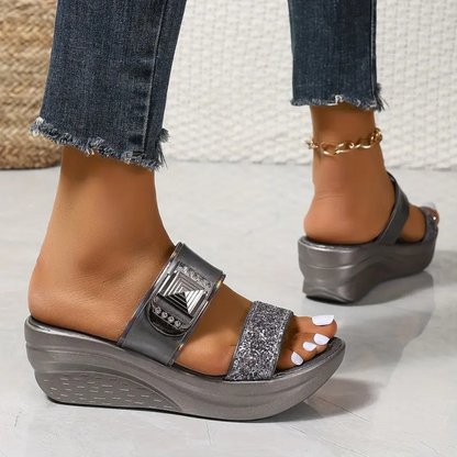 Fleekcomfy Glitter Double Strap Arch Support Wedge Sandals