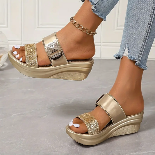 Fleekcomfy Glitter Double Strap Arch Support Wedge Sandals