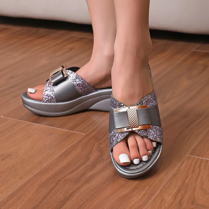 Fleekcomfy Glitter Bowknot Arch Support Wedge Sandals
