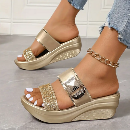 Fleekcomfy Glitter Double Strap Arch Support Wedge Sandals