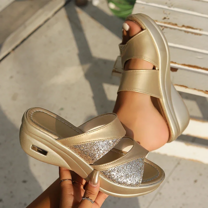 Fleekcomfy Glitter Arch Support Wedge Platform Sandals