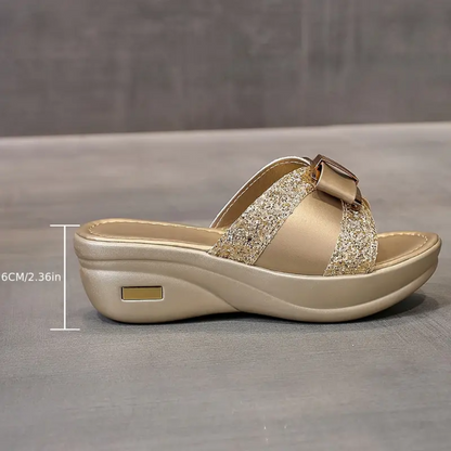 Fleekcomfy Glitter Bowknot Arch Support Wedge Sandals