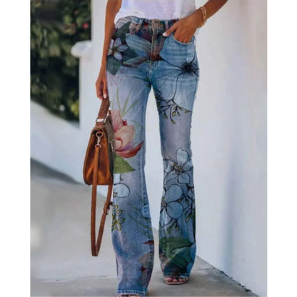 Floral Print High-Rise Flare Jeans