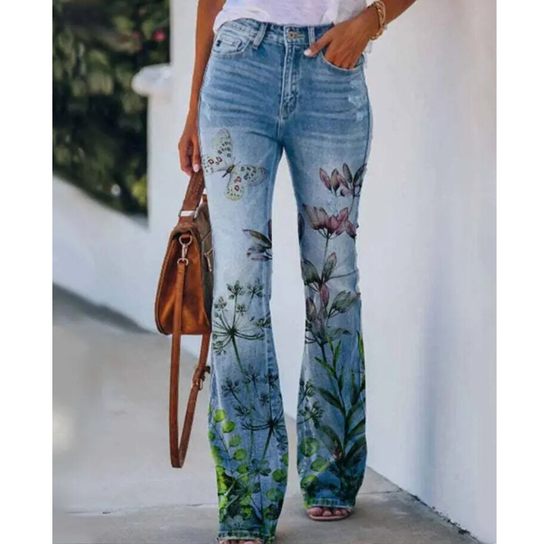 Floral Print High-Rise Flare Jeans