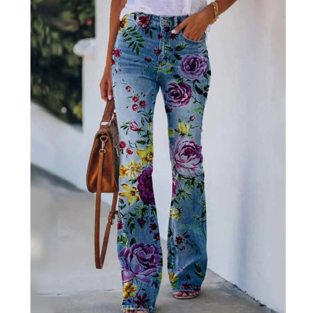 Floral Print High-Rise Flare Jeans