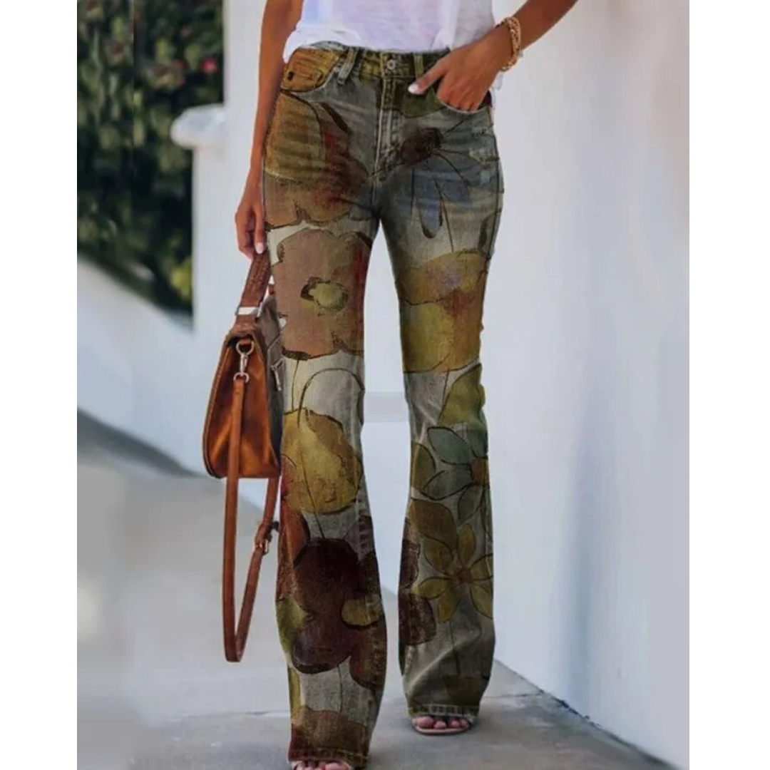 Floral Print High-Rise Flare Jeans