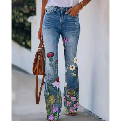 Floral Print High-Rise Flare Jeans