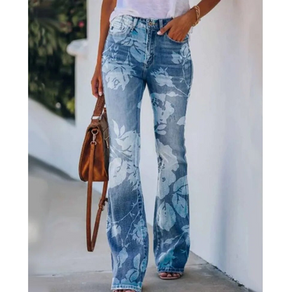 Floral Print High-Rise Flare Jeans