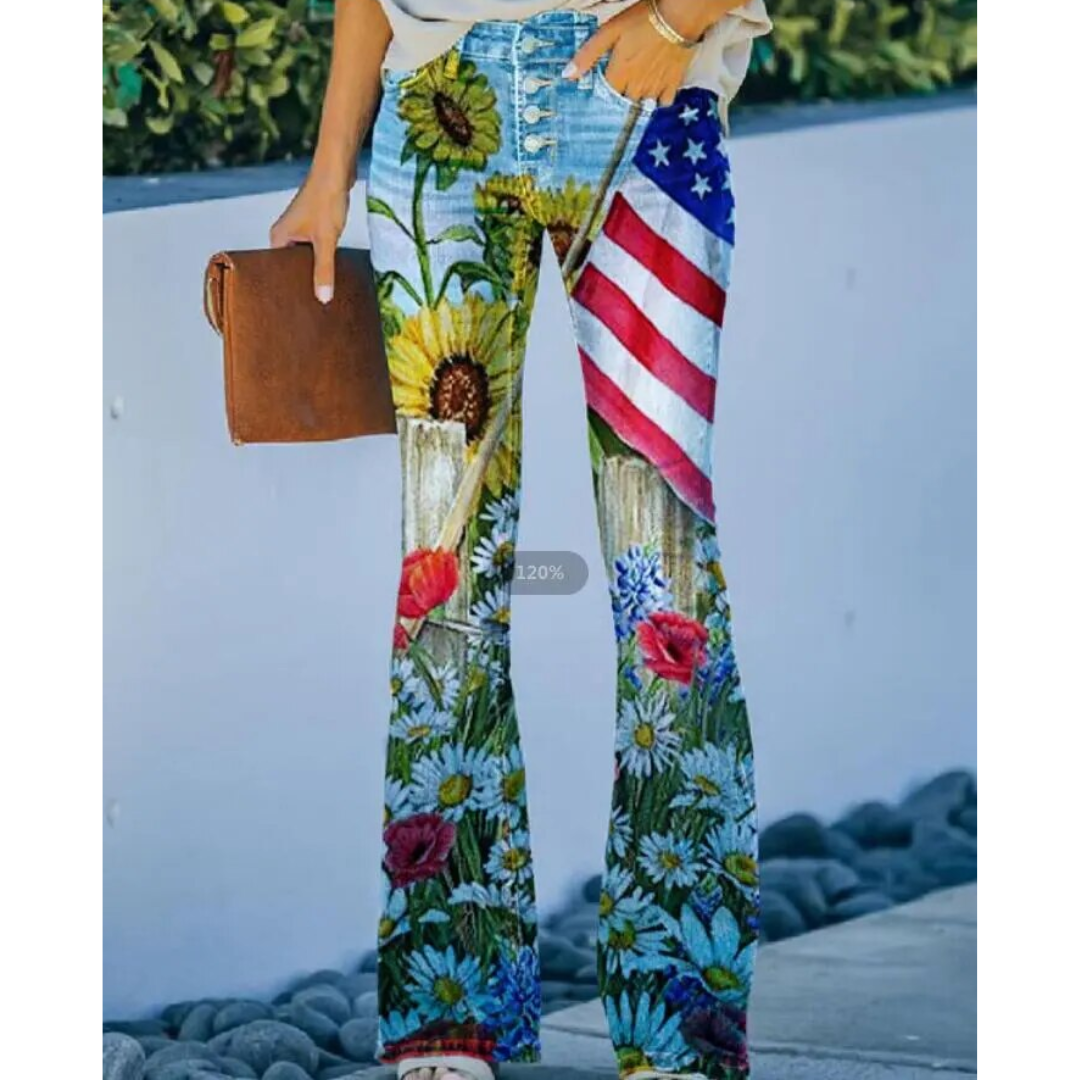 Floral Print High-Rise Flare Jeans