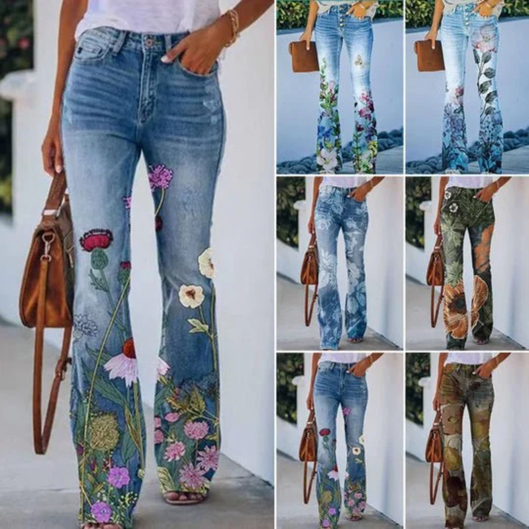 Floral Print High-Rise Flare Jeans