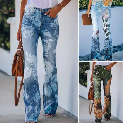 Floral Print High-Rise Flare Jeans