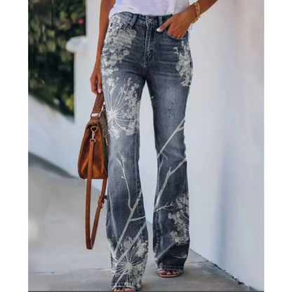 Floral Print High-Rise Flare Jeans