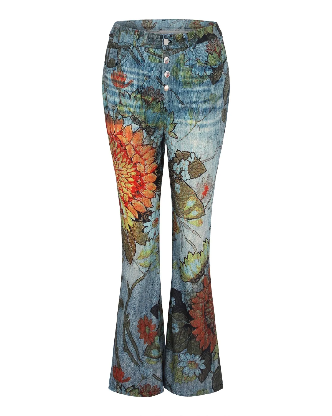 Floral Printed Button Fly Flare Jeans