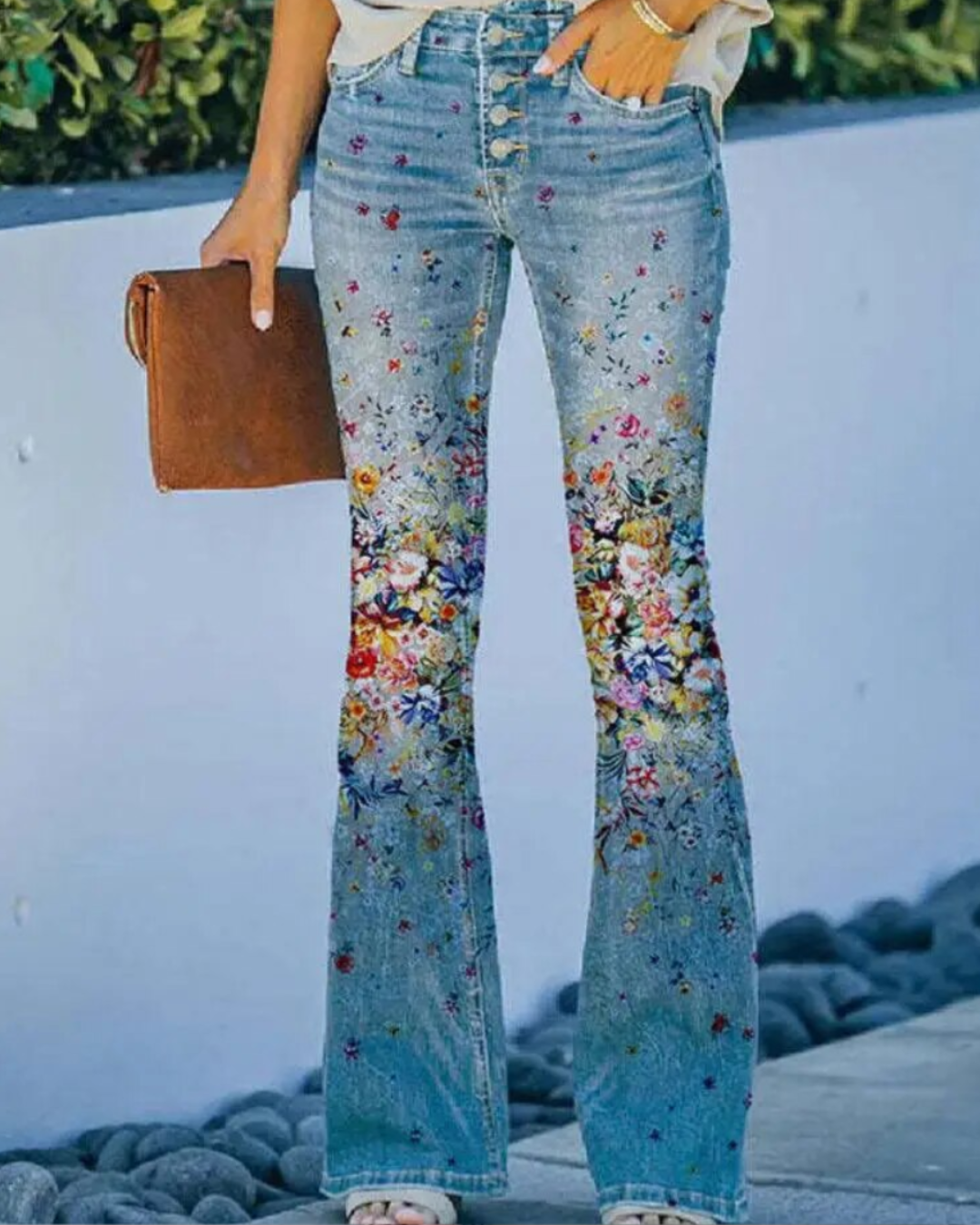 Floral Printed Button Fly Flare Jeans