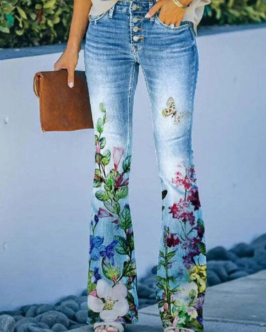Floral Printed Button Fly Flare Jeans