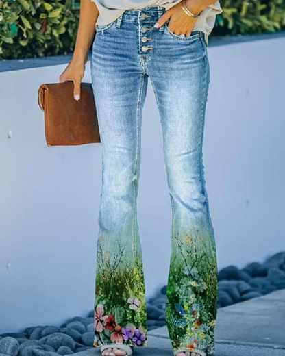 Floral Printed Button Fly Flare Jeans