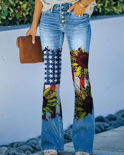 Floral Printed Button Fly Flare Jeans