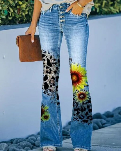 Floral Printed Button Fly Flare Jeans