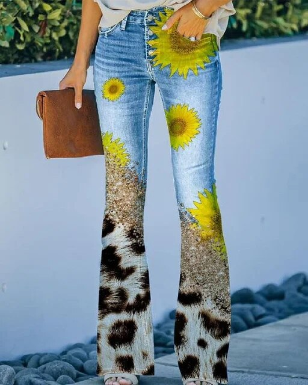 Floral Printed Button Fly Flare Jeans