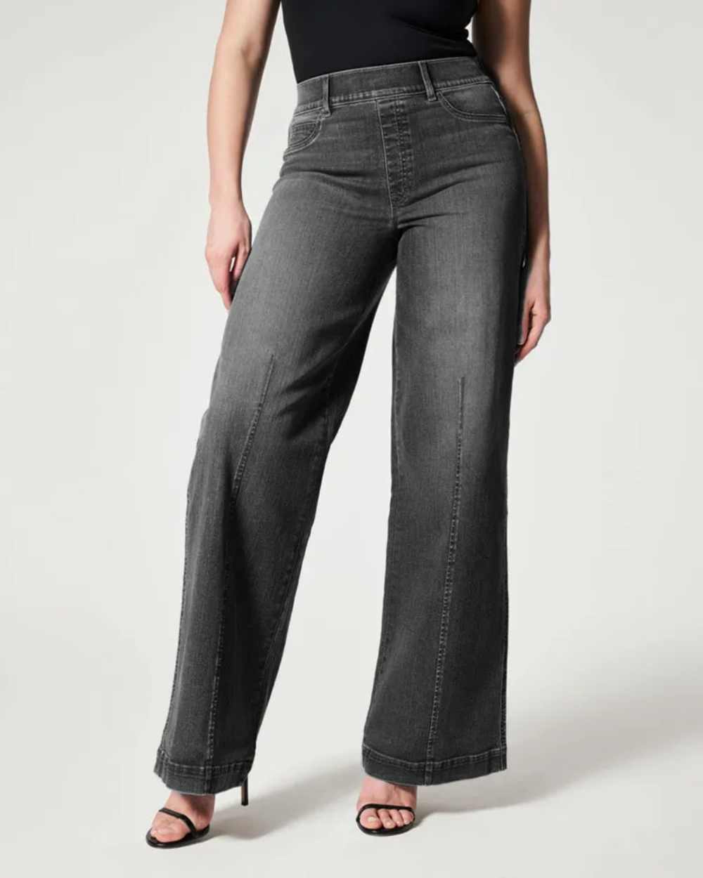Seamed Front Wide Leg Jeans - Clean Black