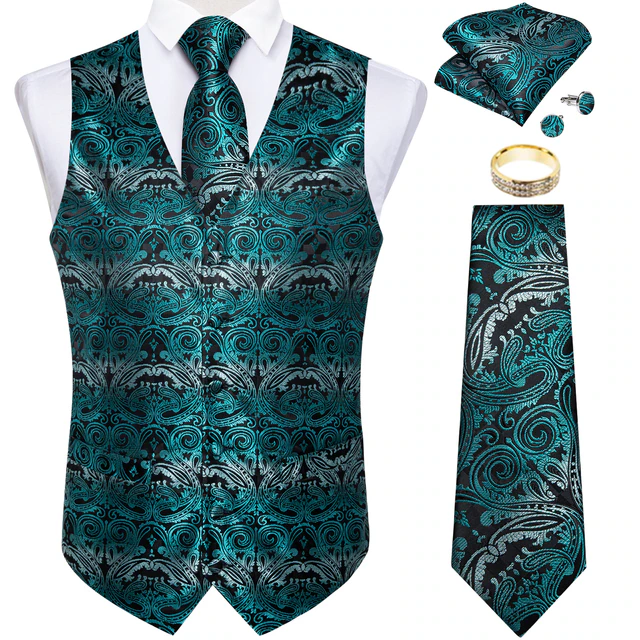 Lismali Home and Decor Mens Vests Suits Tie Set 5PCS Paisley Floral Plaid Waistcoat with Jacquard Necktie Pocket Square Tuxedo