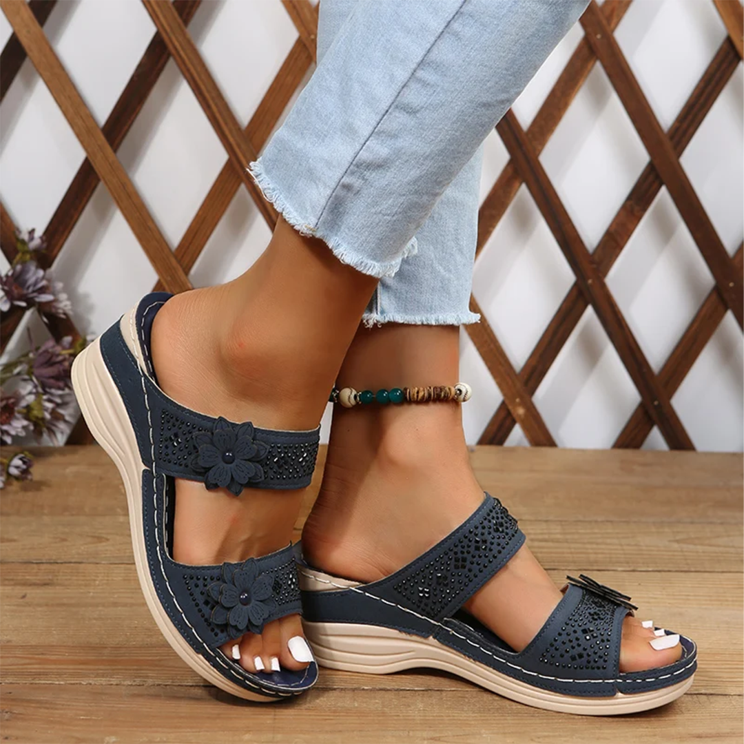 Lismali Crystal Floral Footbed Wedge Sandals