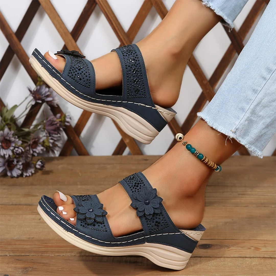 Lismali Crystal Floral Footbed Wedge Sandals