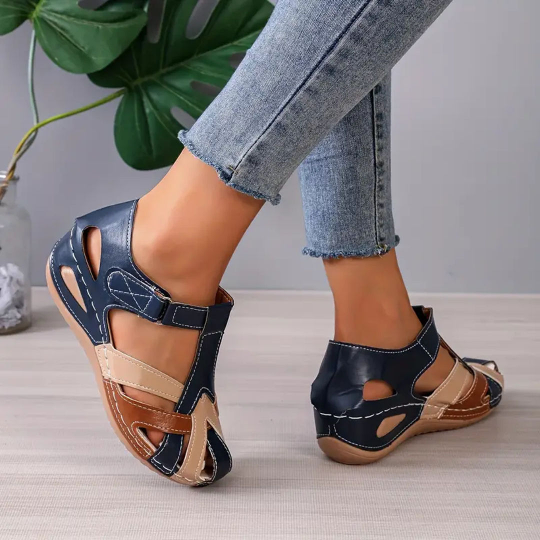 Airfleek Ankle Strap Colorblock Closed Toe Wedge Sandals