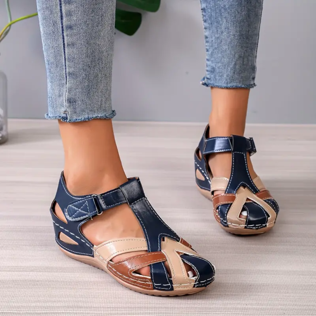 Airfleek Ankle Strap Colorblock Closed Toe Wedge Sandals