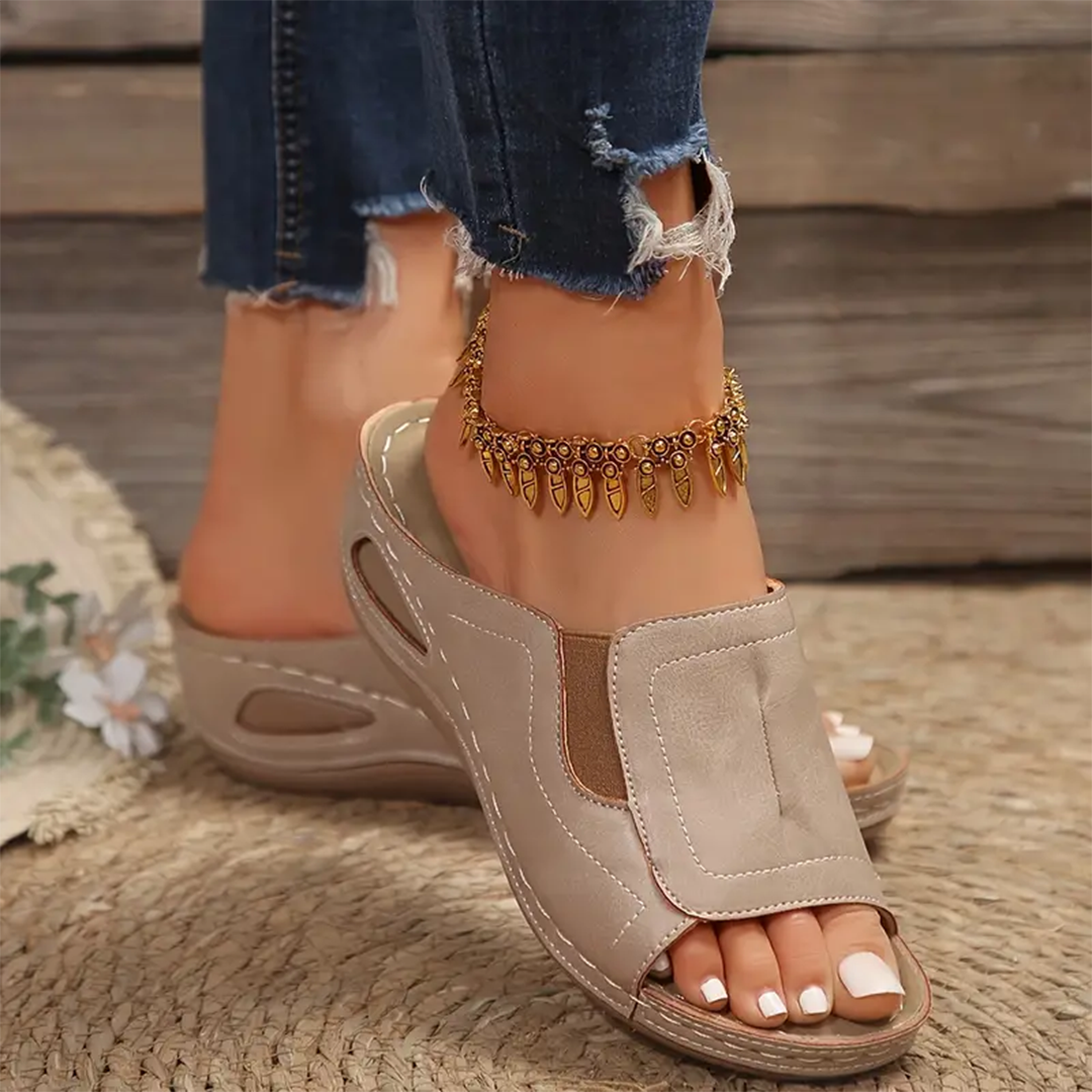 Lismali Leather Slip On Open Toe Wedge Sandals