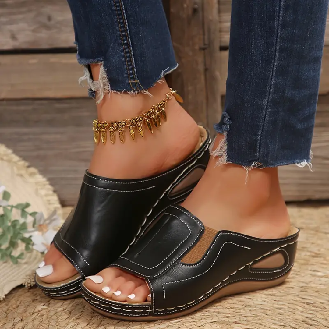 Lismali Leather Slip On Open Toe Wedge Sandals