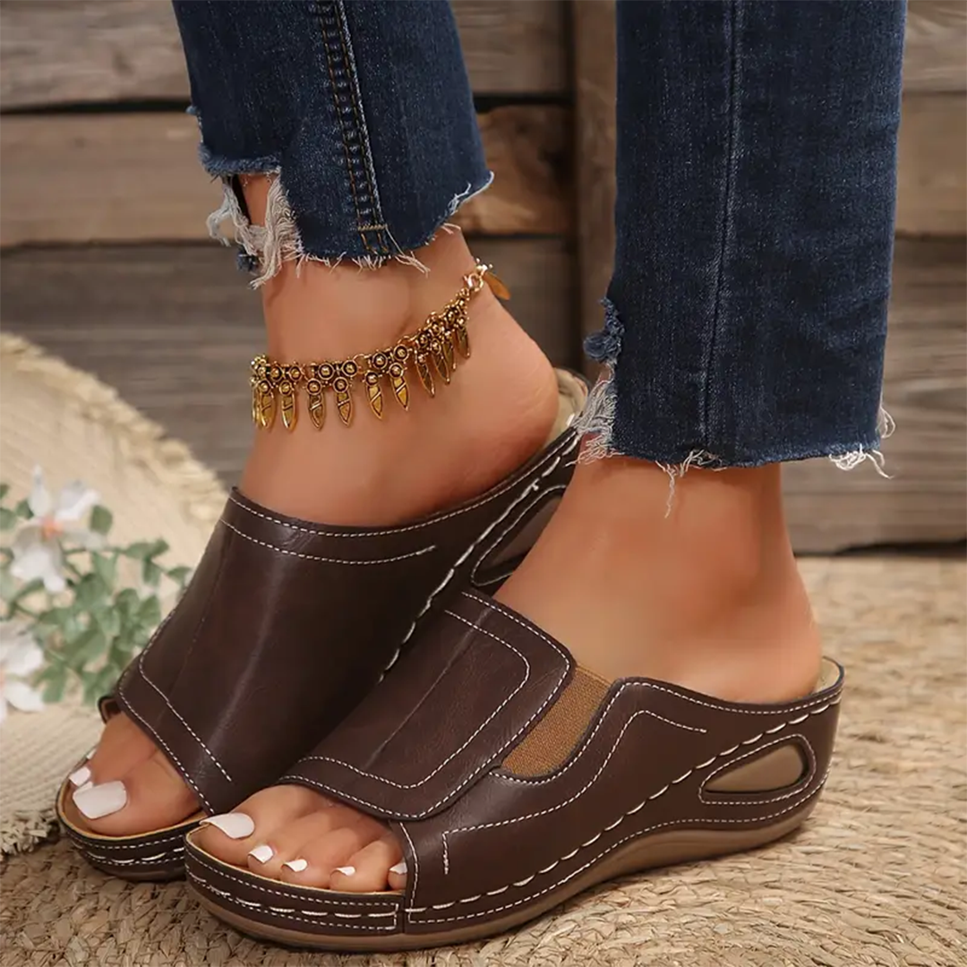 Lismali Leather Slip On Open Toe Wedge Sandals