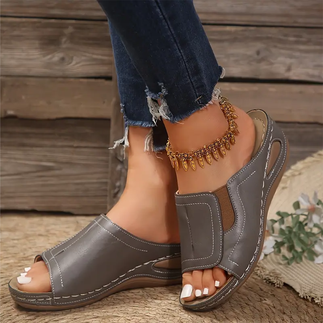 Lismali Leather Slip On Open Toe Wedge Sandals