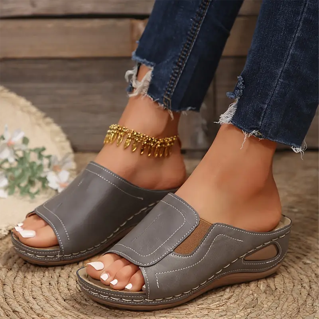 Lismali Leather Slip On Open Toe Wedge Sandals