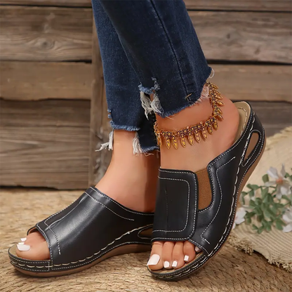 Lismali Leather Slip On Open Toe Wedge Sandals