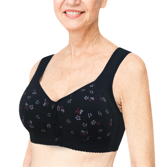 Black Daisy Bras - Snap Front Cotton Wireless Bras Plus Size For Big Chest