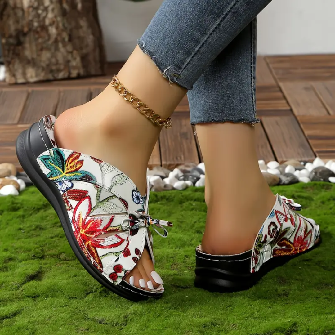 Uniqcomfy Floral Print Bowknot Arch Support Open Toe Sandals