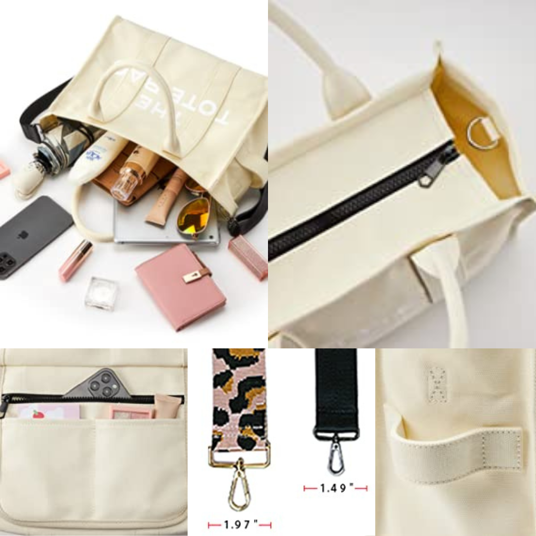 Canvas Tote Bag With Zipper Patterns Strap Crossbody Bag