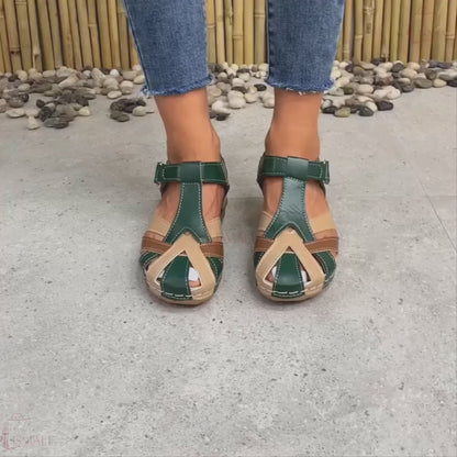 Airfleek Ankle Strap Colorblock Closed Toe Wedge Sandals