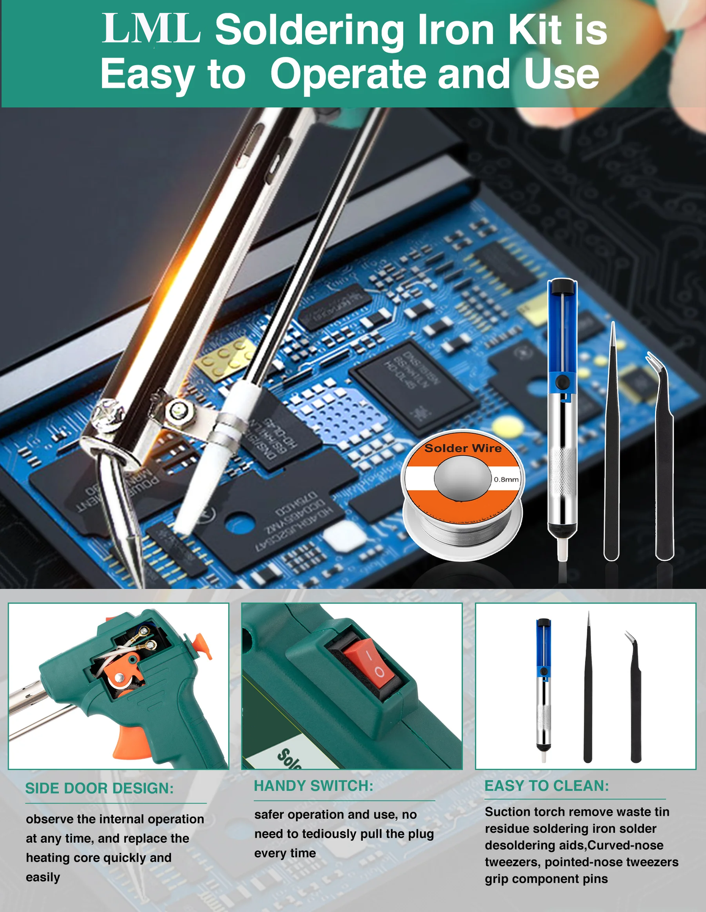 Soldering Irons Kit- Automatic One Hand Soldering Adjustble Temperature Solder Iron Kit Welding Tool with Lead-free Wire